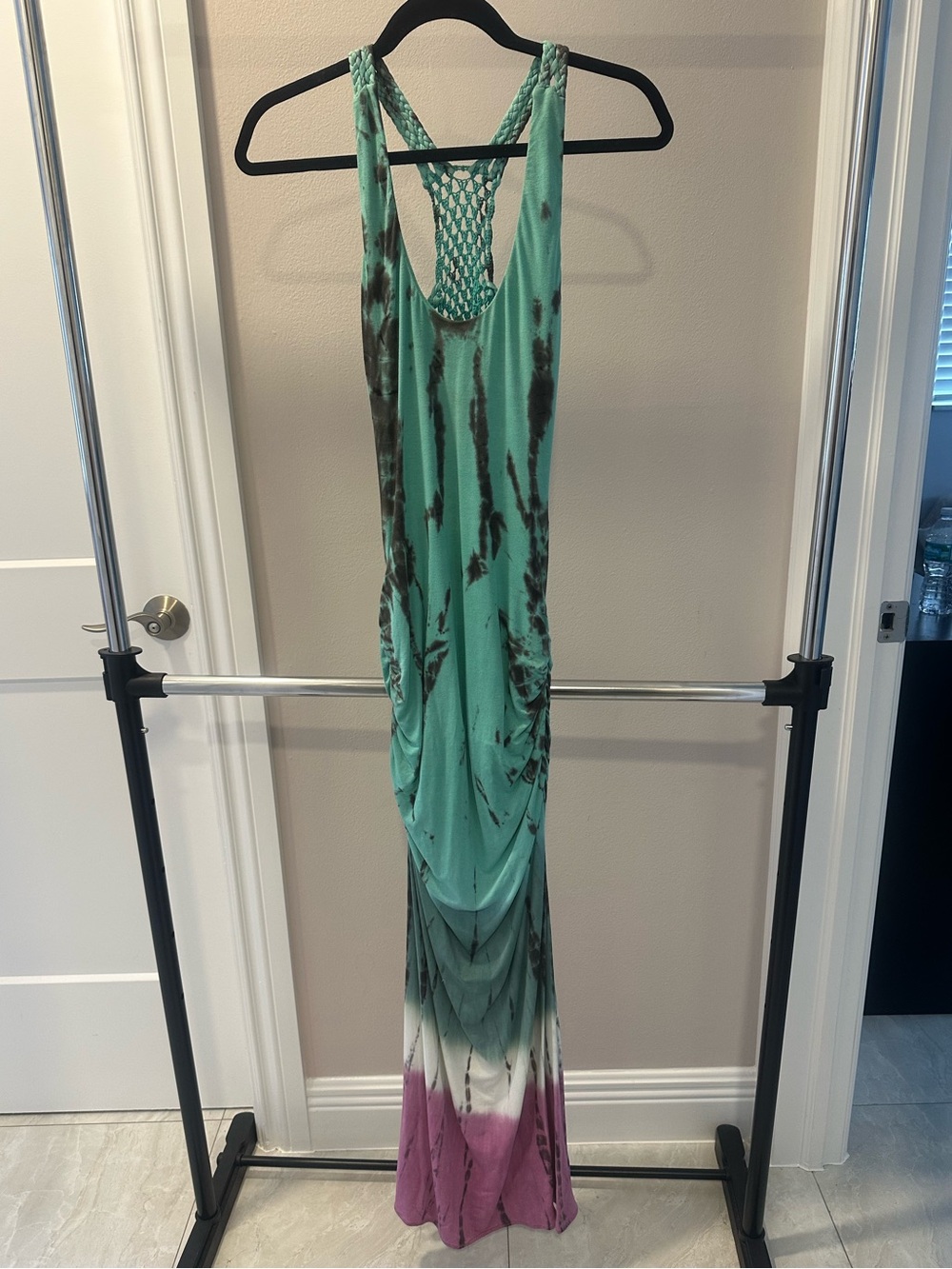 Sky Mint to Plum Ombre Tie-Dye Maxi Dress with Braided Racerback